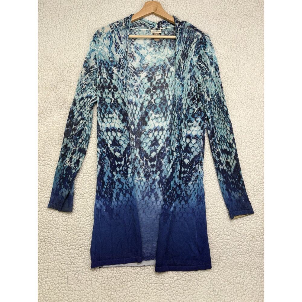 Chicos Open Front Longline Cardigan Blue Snake Skin Print Lightweight Size 0 (S)